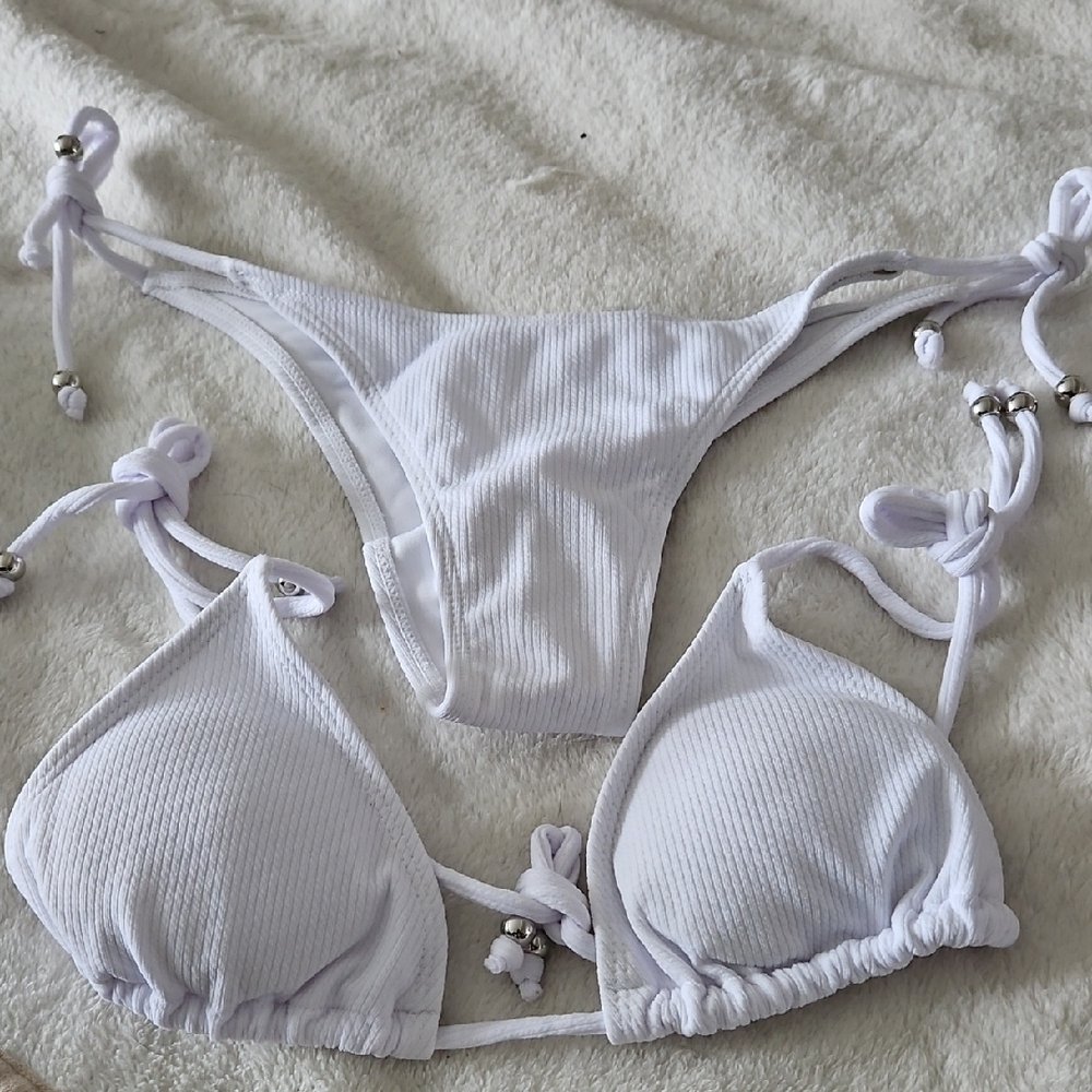 NEW SZ LARGE White Ribbed Bikini Set